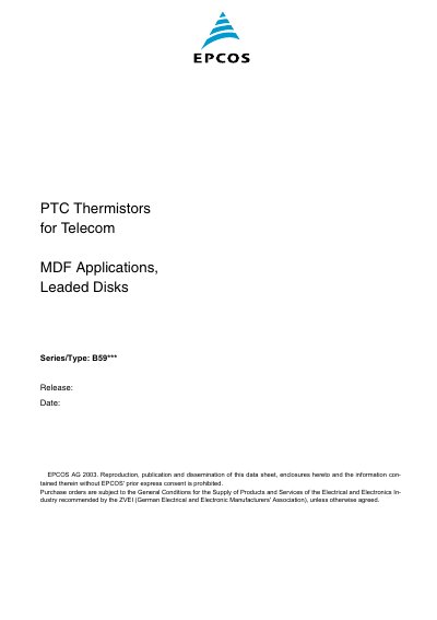 EPCOS B59*** PTC Thermistors for Telecom MDF Applications Datasheet - cover page