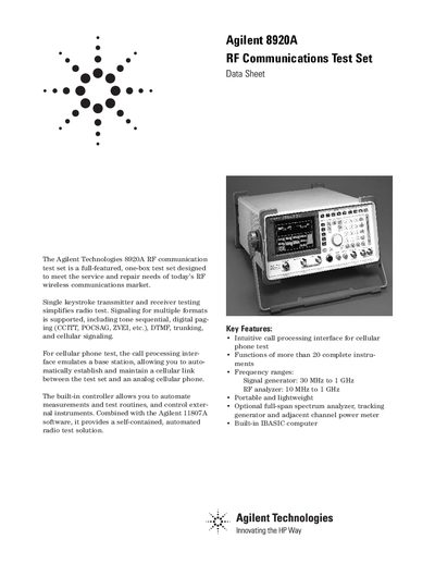 Agilent 8920A RF Communications Test Set Datasheet - cover page