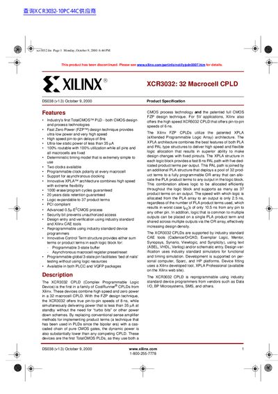 Xilinx XCR3032 32 Macrocell CPLD Data Sheet - cover page
