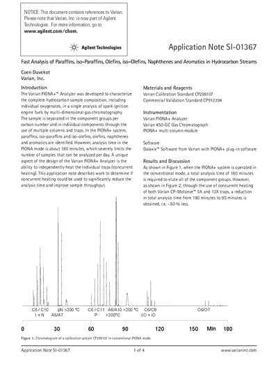 Varian PIONA+ Analyzer Fast Analysis Application Note - cover page