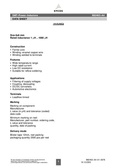 EPCOS B82462-A4 Power Inductor Data Sheet - cover page