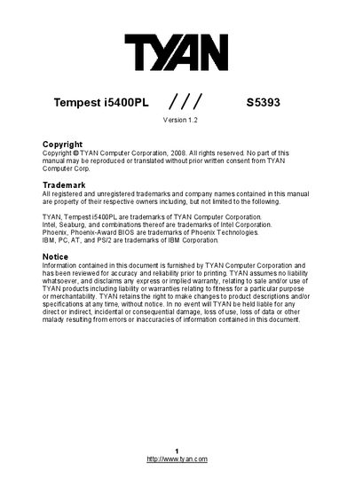 TYAN Tempest i5400PL User Manual