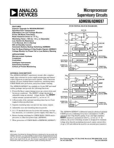 Analog Devices ADM696/ADM697 Microprocessor Supervisory Circuit Datasheet