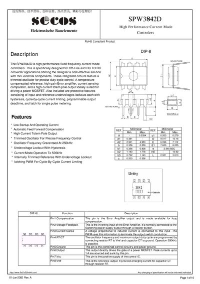 SECOS SPW3842D High Performance Current Mode Controllers Datasheet - cover page
