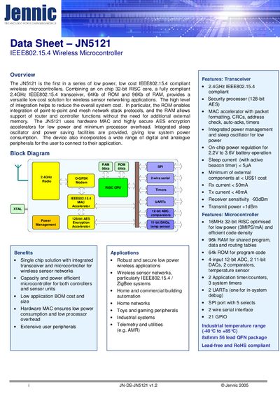 Jennic JN5121 Data Sheet - cover page