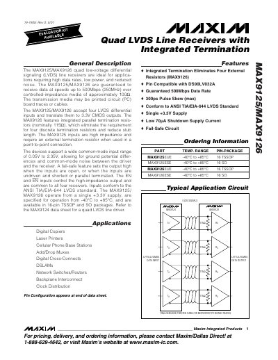 Maxim MAX9125/MAX9126 Quad LVDS Line Receivers with Integrated Termination Datasheet - cover page