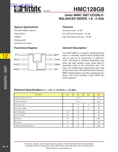 HMC128G8 GaAs MMIC SMT Double-Balanced Mixer Datasheet