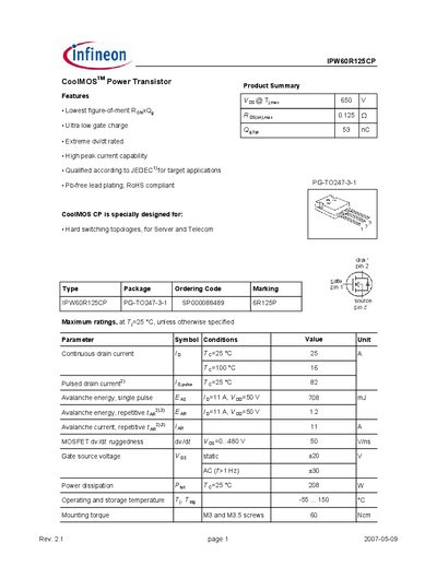 Infineon IPW60R125CP Power Transistor Datasheet - cover page