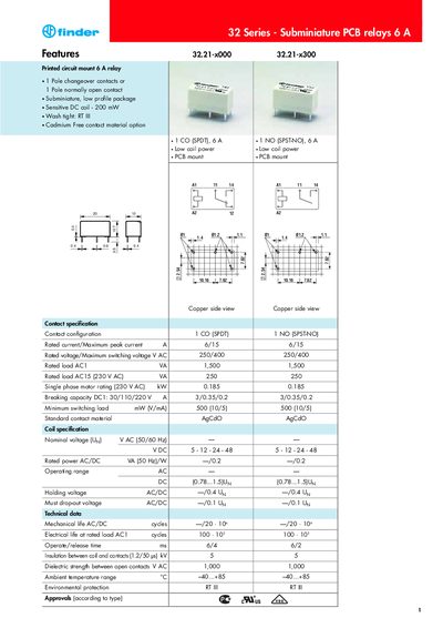 Finder 32 Series Subminiature PCB Relay 6 A Datasheet - cover page