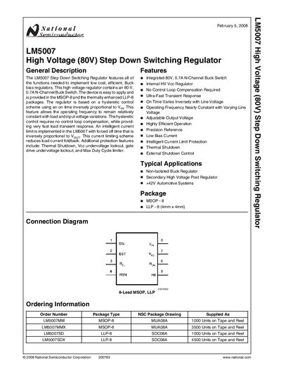 National Semiconductor LM5007 High Voltage (80V) Step Down Switching Regulator Handbook - cover page