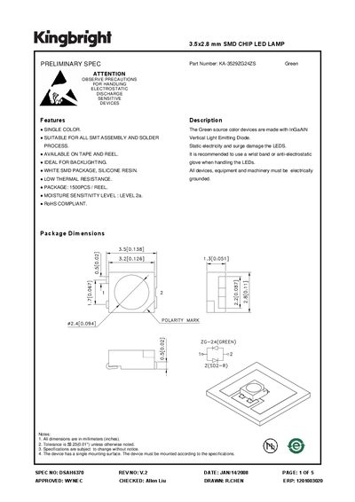 KINGBRIGHT Part Number: KA-3529ZG24ZS 3.5x2.8 mm SMD CHIP LED LAMP - cover page
