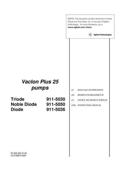Agilent Technologies VacIon Plus 25 Pumps 911-5030 handbook - cover page