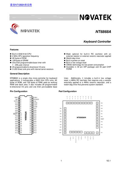 Novatek NT6868A Keyboard Controller Datasheet - cover page