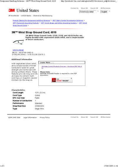 3M 4610 Wrist Strap Ground Cord Product Data Sheet - cover page