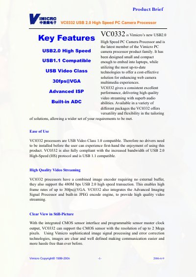 Vimicro VC0332 USB 2.0 High Speed PC Camera Processor Datasheet - cover page
