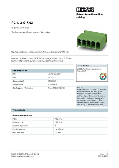Phoenix Contact PC 4/2-G-7.62 Product Leaflet - cover page