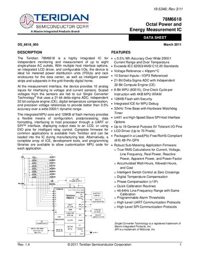 Teridian 78M6618 Octal Power and Energy Measurement IC Datasheet - cover page
