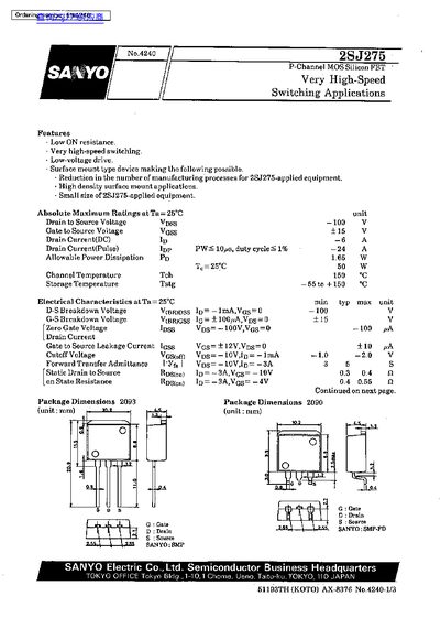SANYO 2SJ275 P-Channel MOSFET Datasheet - cover page