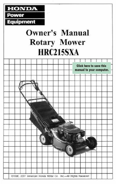 Honda HRC215SXA Rotary Mower Owner's Manual - cover page