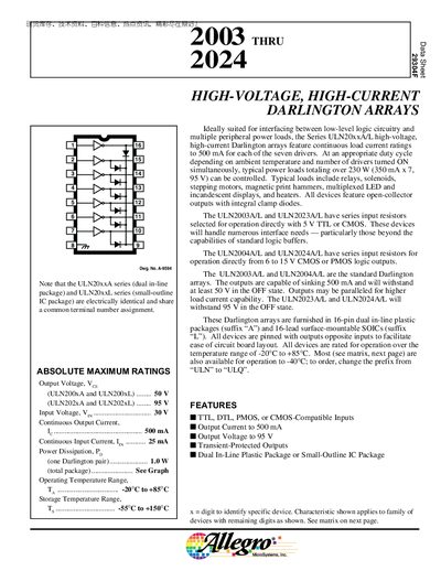 Allegro ULN2003/ULN2004/ULN2023/ULN2024 Darlington Array Datasheet - cover page