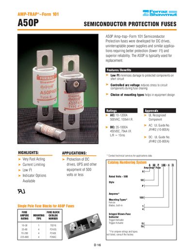Ferraz Shawmut A50P Semiconductor Protection Fuses Product Data Sheet - cover page