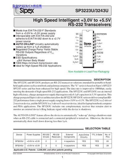 Sipex SP3223U/SP3243U RS-232 Transceivers Datasheet - cover page