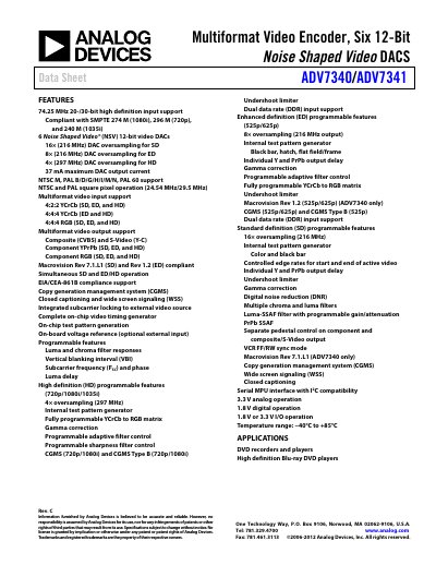 Analog Devices ADV7340/ADV7341 Video Encoder Data Sheet - cover page