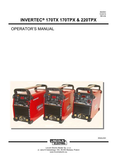 Lincoln Electric INVERTEC 170TX/170TPX/220TPX Operator's Manual - cover page