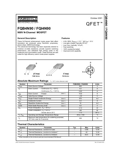 Fairchild FQB4N90/FQI4N90 900V N-Channel MOSFET Datasheet - cover page