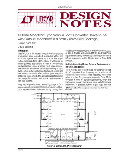 LINEAR 4-Phase Monolithic Synchronous Boost Converter Delivers 2.5A with Output Disconnect in a 5mm &times; 5mm QFN Package Design Note 332 - cover page