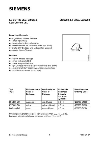 Semiconductor Group LS S269-BO / LY S269-BO / LG S269-BO LED Datasheet - cover page