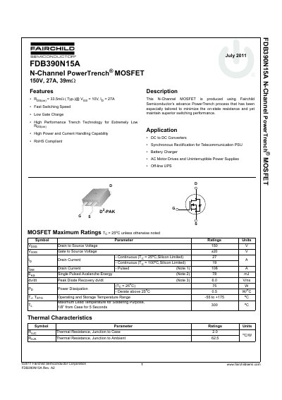 Fairchild FDB390N15A N-Channel MOSFET Datasheet - cover page
