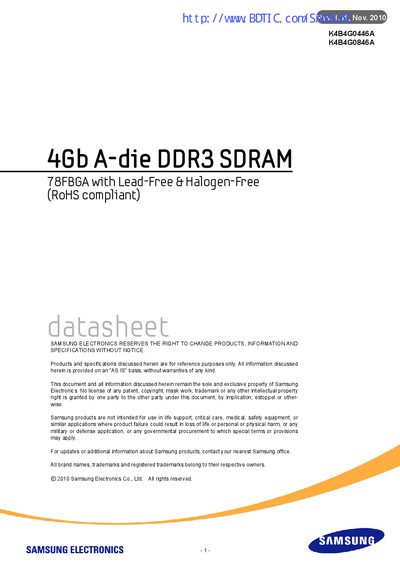 Samsung K4B4G0846A DDR3 SDRAM Datasheet - cover page