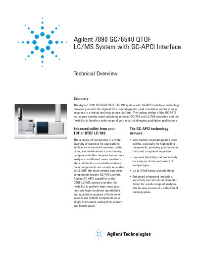 Agilent 7890 GC/6540 QTOF LC/MS System with GC-APCI Interface Technical Overview - cover page