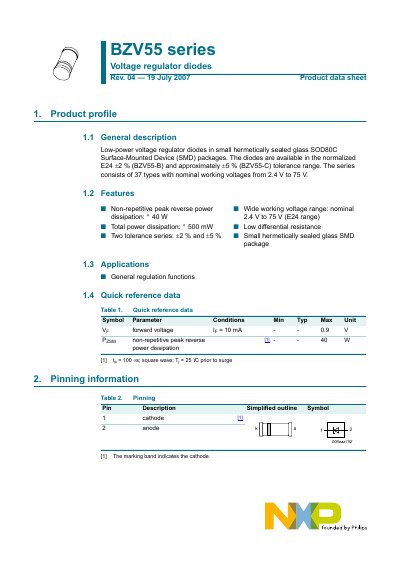 NXP BZV55 Series Voltage Regulator Diodes Product Data Sheet - cover page
