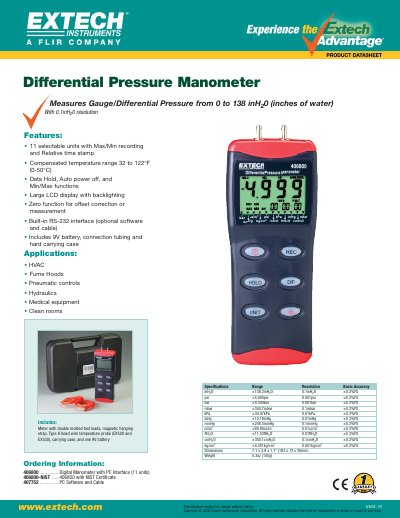 Extech 406800 Digital Differential Pressure Manometer Specifications - cover page