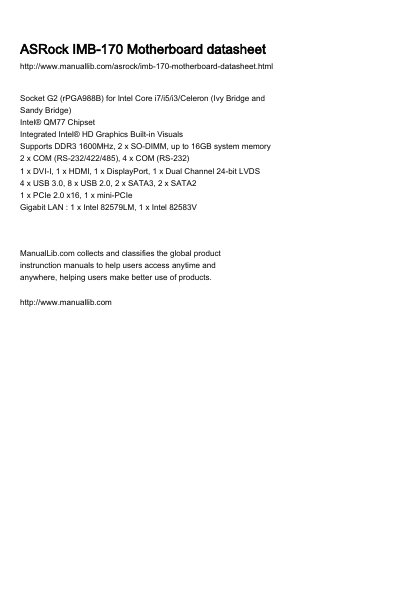 ASRock IMB-170 Motherboard Datasheet