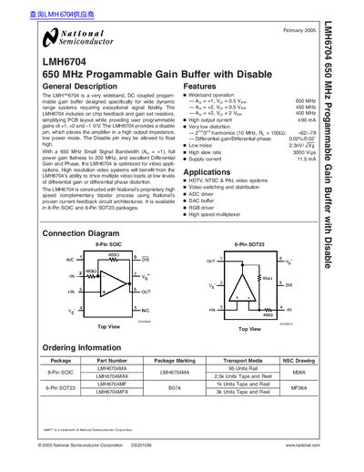 National Semiconductor LMH6704 650 MHz Programmable Gain Buffer Datasheet - cover page
