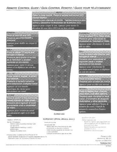 Panasonic EUR501450 Remote Control User Guide - cover page
