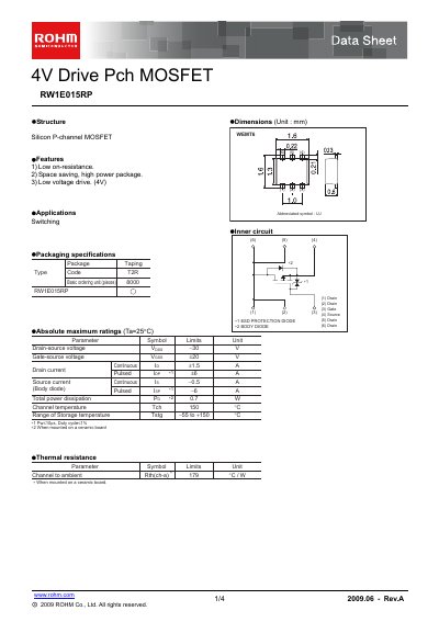 ROHM RW1E015RP P-Channel MOSFET Datasheet - cover page
