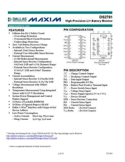 Maxim DS2761 High-Precision Li+ Battery Monitor Datasheet - cover page