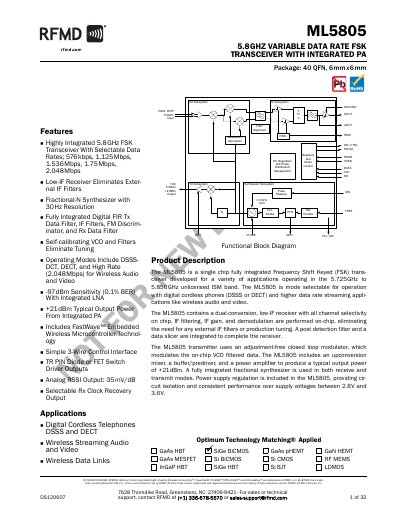 RFMD ML5805 5.8GHz Variable Data Rate FSK Transceiver Datasheet