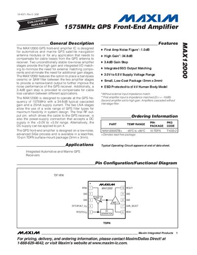 Maxim MAX12000 GPS Front-End Amplifier Datasheet - cover page