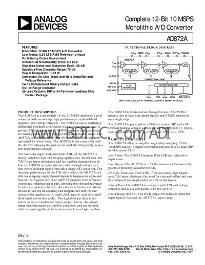 Analog Devices AD872A 12‑Bit 10 MSPS ADC Datasheet - cover page