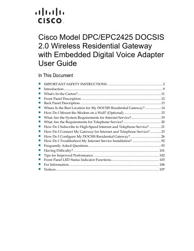 Cisco DPC/EPC2425 Wireless Residential Gateway User Guide - cover page