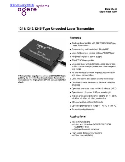 Agere 1241/1243/1245-Type Uncooled Laser Transmitter Data Sheet - cover page