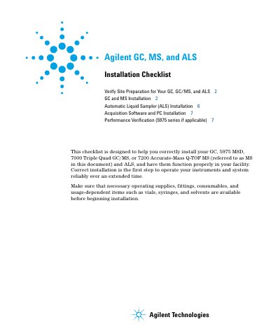 Agilent GC MS ALS Installation Checklist guide - cover page