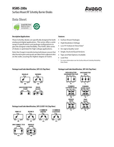 Avago HSMS-280x Surface Mount RF Schottky Barrier Diodes Data Sheet - cover page