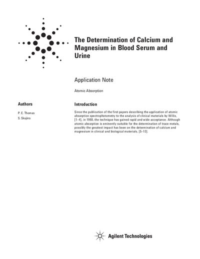 Agilent Application Note: Determination of Calcium and Magnesium in Blood Serum and Urine - cover page