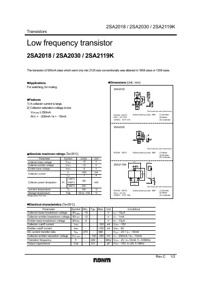 ROHM 2SA2018/2SA2030/2SA2119K Transistor Datasheet - cover page